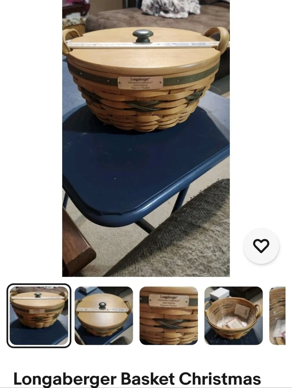 Longaberger Natural and Olive Woven Popcorn Basket with Protector & Lid. 1999